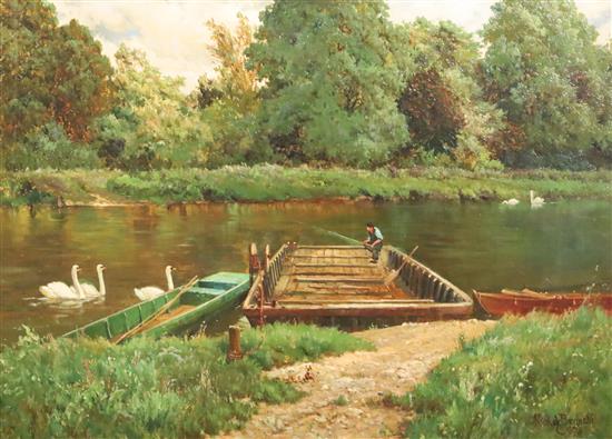 Alfred de Breanski (1852-1928) The Lower Shepperton Ferry at Waltham on Thames 16 x 22in., unframed